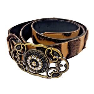 Women's VTG Fuzzy Cow Print Belt w Brass Scroll Rhinestone Buckle 48"